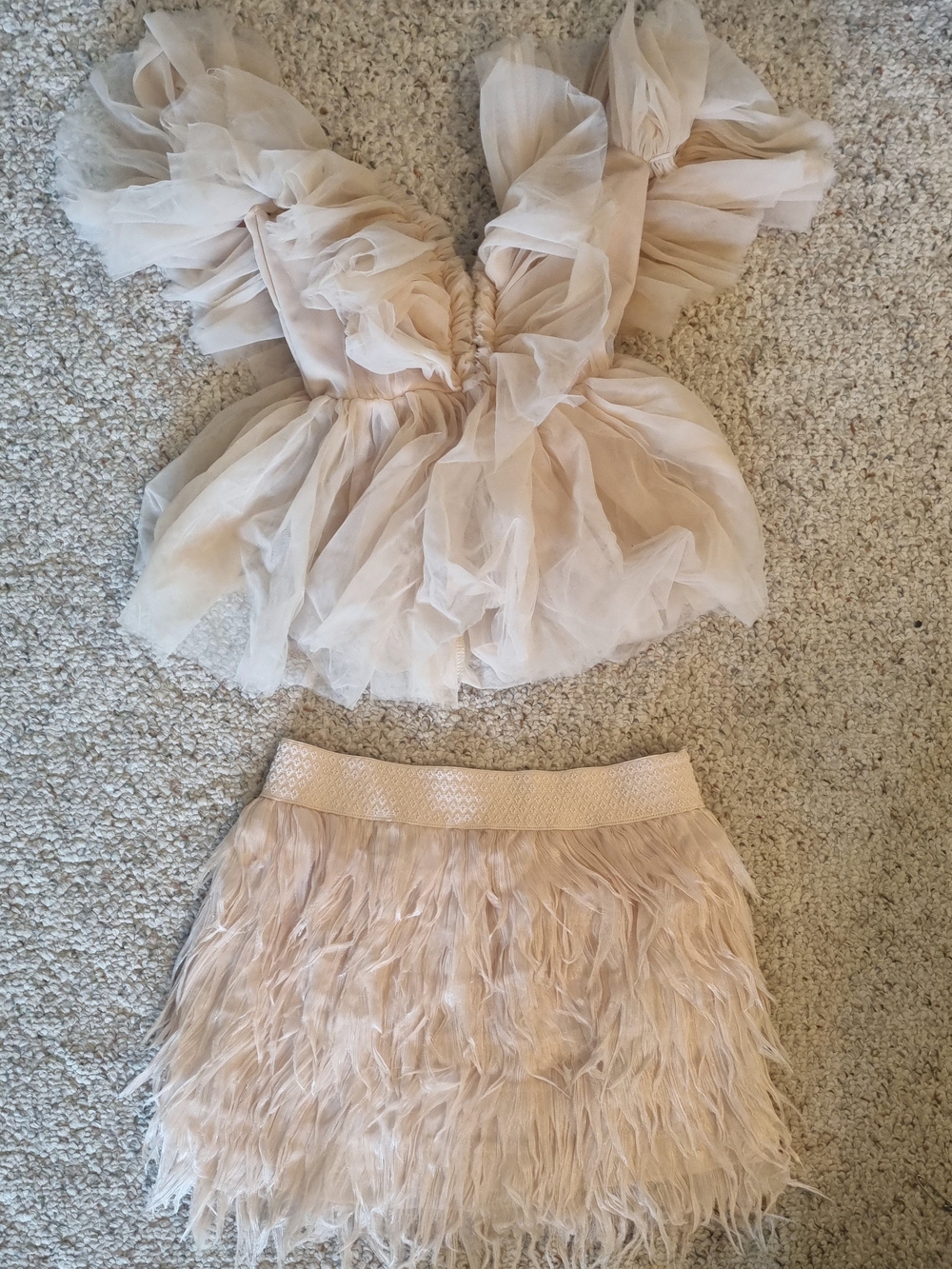 Dusky pink Tulle Feathered Two-Piece Set - Ruffled Tulle Top & Feather Skirt
